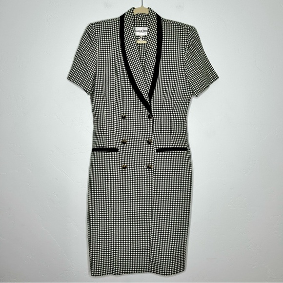 Vintage Green Cream Gingham Blazer Dress Double Breasted Size 10/12 Fall Office - Picture 1 of 12